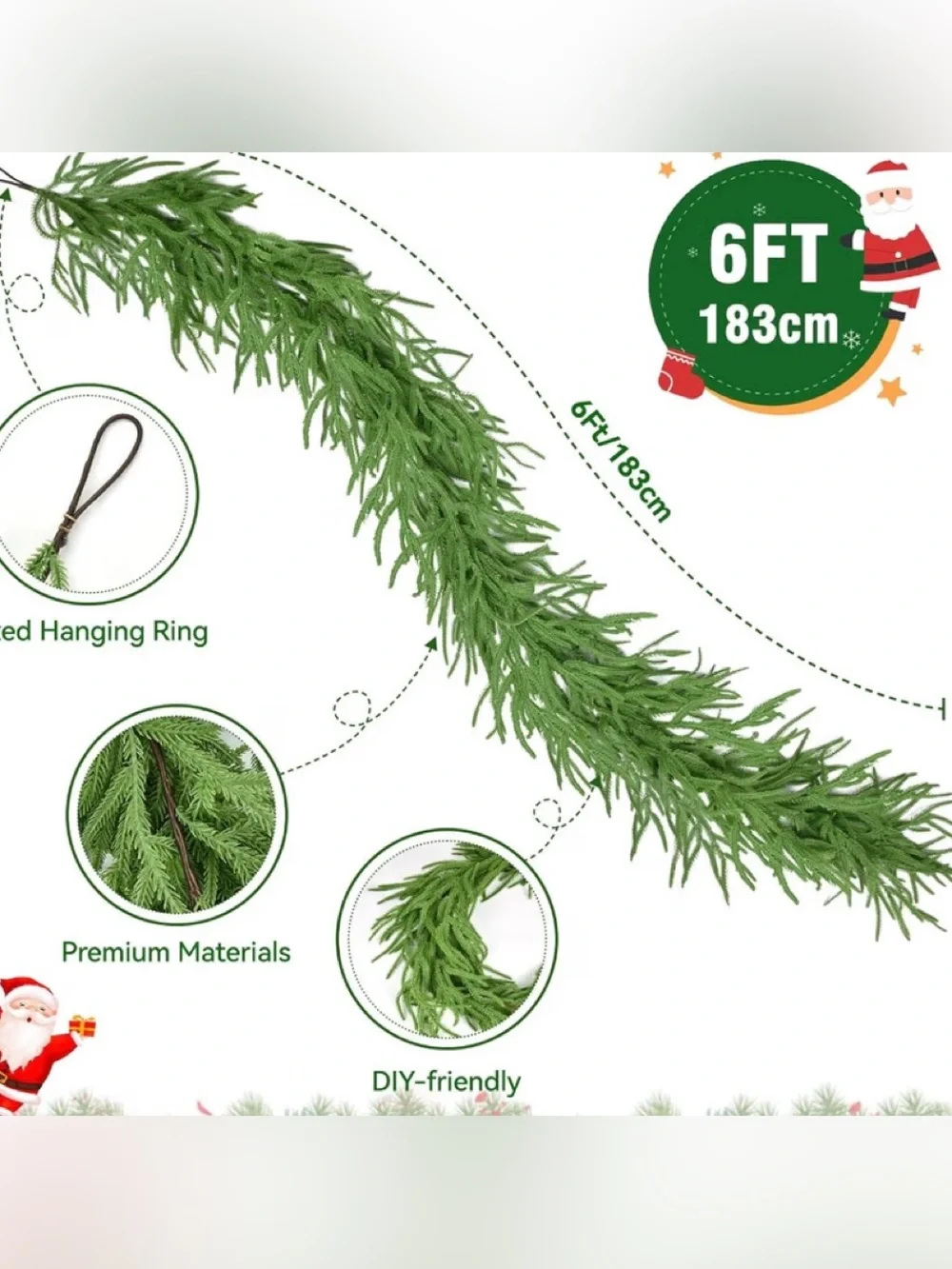 Evergreen Pine Garland - Lifelike Green Rubber Home Accent 6ft rubber